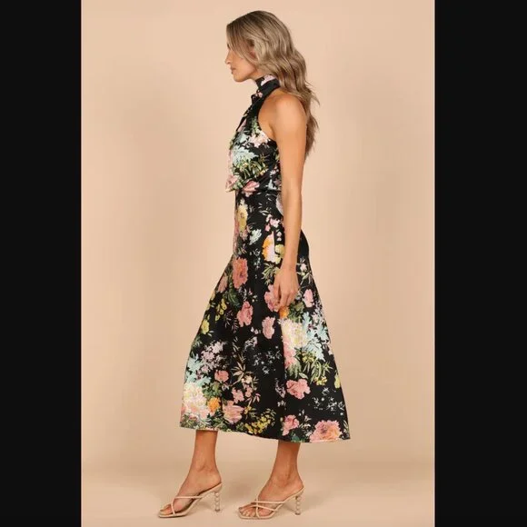 Petal & Pup Anabelle Black Floral Satin Halter High Neck Midi Dress XL - Picture 6 of 11